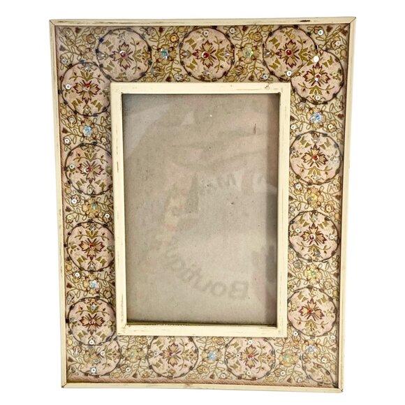 Vintage Fabric Sequin Bead Picture Photo Frame 4" X 6" Glass Shabby Cottage Core - Picture 1 of 11